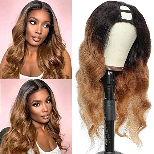 Ombre u Part Wig Human Hair Body Wave 1B/30 Colored Brown Ombre Wigs 10A Brazilian Remy Human Hair Glueless U Shape Wig for Black Women 2x4 U Shape Clip in Half Wig 150% Density Middle Part 18 Inch