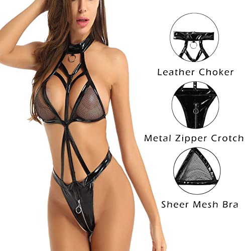Sxglamr Women's Wet Look Lingerie Set, Backless Leather Bodysuit Metal Tassel Chain Sleepwear Clubwear #TOP4