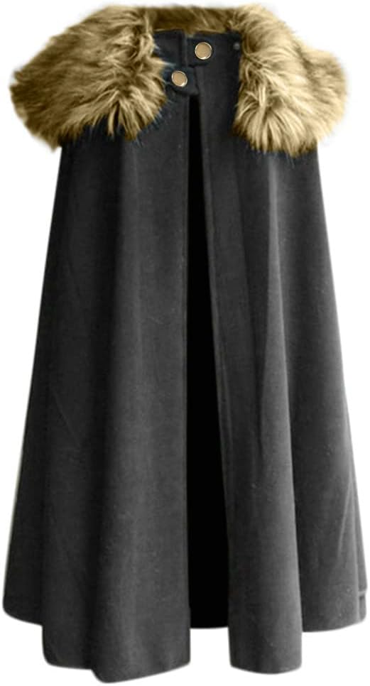 Cloak Coat for Men, Mens Winter Warm Gothic Wool Faux Fur Collar Long Cape Cloak Vintage Coat Irregular Hem Hoodie