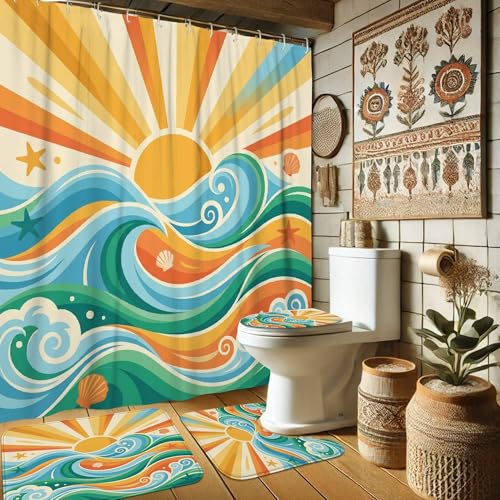 Rideau de douche vagues bleu azur avec tapis pour baignoire