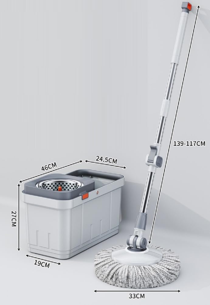 Spin Mop Lavapavimenti con Sistema di Strizzatura Manuale Attivabile Attraverso Il Manico, Set per La Pulizia dei Pavimenti con Secchio E Cestello in Acciaio Inox, Panno 100% Microfibra