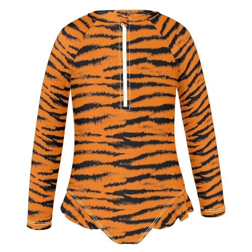 Girls Long Sleeve Swimsuit Tiger Skin Animal Print One Piece Bathing Suit Zipper UPF 50+ Rashguard Swimwear 3-12Y2