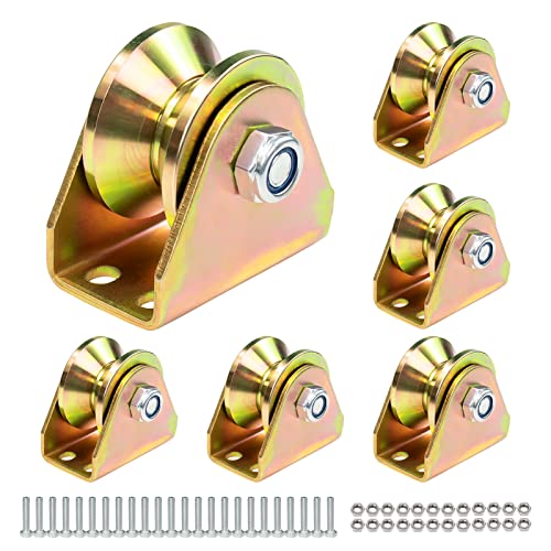 6 Pack Upgraded 2 inch V Groove Wheels, SMFANLIN Heavy Duty Rigid Caster Pulley, Sliding Rolling Gate Wheels for V Track, Wire Rope Rail (Includes Screws)