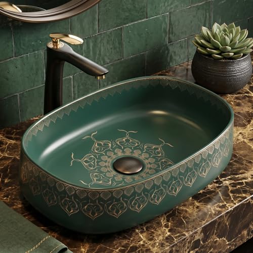 Image of BASSINO 21x14x6 Inches Designer Moroccan Ceramic Table Top Wash Basin /Green Matte & Gold Floral Art Sink for Bathroom /Handcrafted Rectangular Countertop Washbasin for Office /Hotel(Matt)