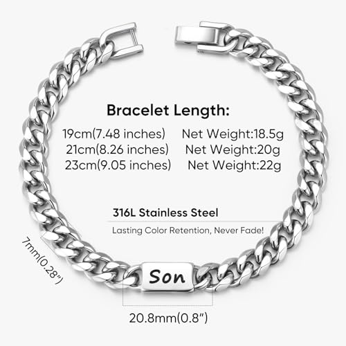Stainless Steel Bracelet Gifts for Him Son - Silver Cuban Chain Link Men's Bracelet Gifts Classic Hip Hop Stacking Layered Birthday Christmas Anniversary Personalized Son Jewelry Gifts from Mom Dad - image 4