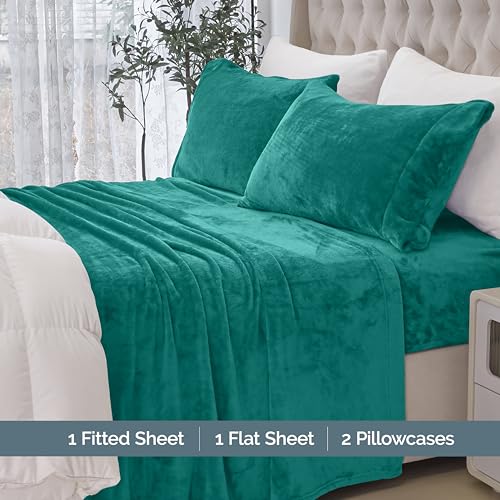 Elegant Comfort Luxuriously Soft 4-Piece Velvet Plush Flannel Sheet Set - Premium Quality - Cozy Warm, Anti-Static, Non Pilling Fuzzy Velvet Flannel Fleece Deep Pocket Sheet Set - Twin XL, Turquoise