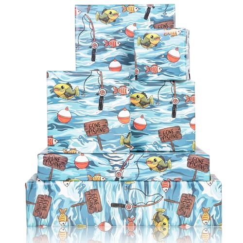 Dtiafu Fishing Wrapping Paper for Boys Women Men Dad Stream Fish Fishing Rod Gift Wrap for Birthday Holiday Party Celebration - 20 X 28 Inch Per Sheet(6 Sheet)