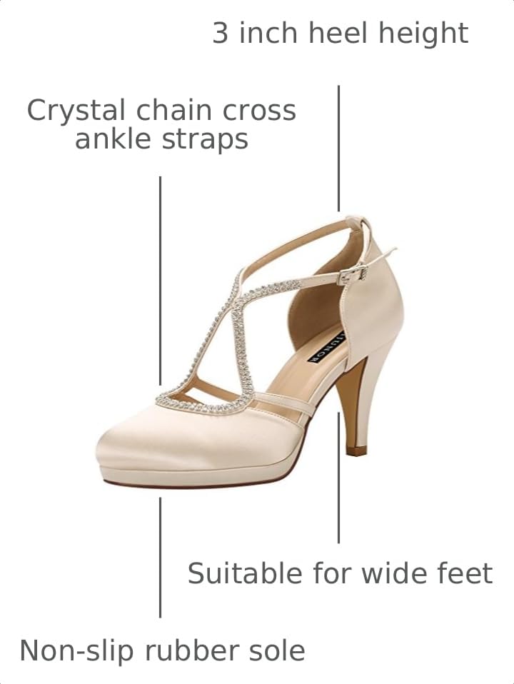 Image of ERIJUNOR Women Comfort Low Heel Closed-Toe Ankle Strap Platform Satin Bridal Wedding Shoes