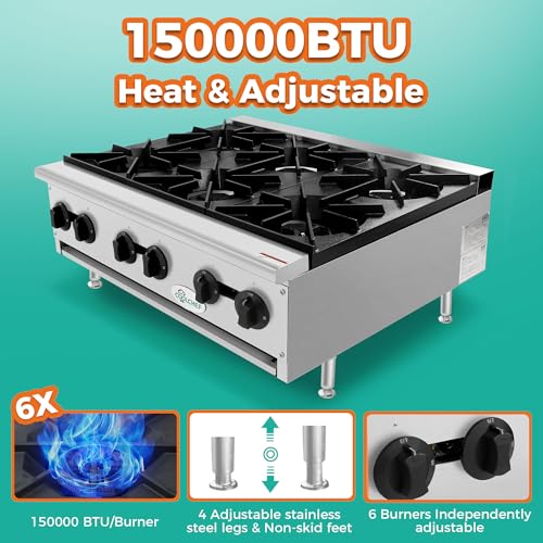 Image of 36-Inch 6-Burner 150000 Total BTU Hot Plate, Commercial Gas Stove - Dual Fuel Propane & Natural Gas - Heavy Duty Stainless Steel Range