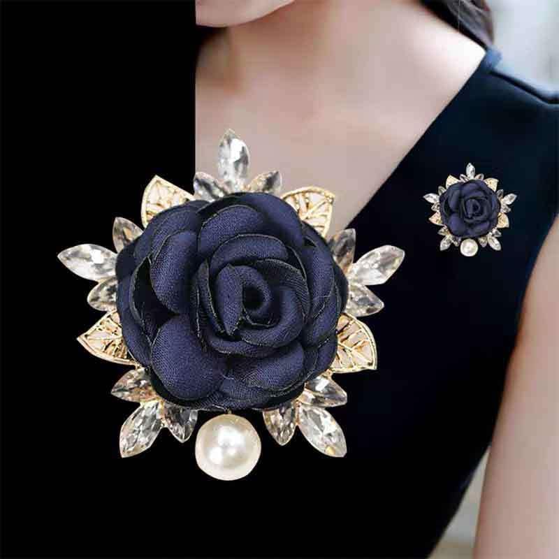 Image of Rose Flower Brooch for Women Large Flower Brooch Elegant Pearl Brooches Handmade Crystal Pearl Pins Fabric Floral Lapel Pin Christmas Valentine's Day Dress Suit Accessories