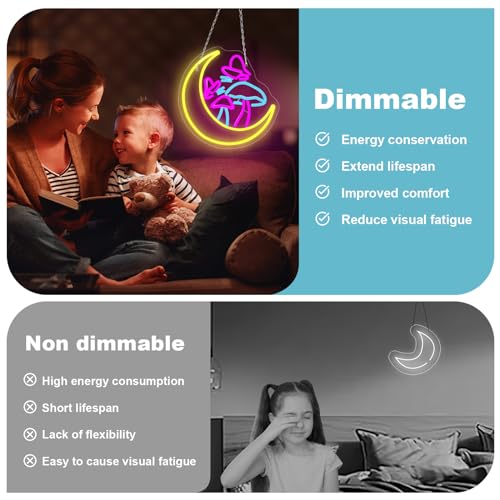 Image of Moon Mushroom Neon Sign Dimmable,Cute Neon Lights for Wall Decor USB Powered,Mushroom LED Light Signs for Bedroom Game Room Living Room Bar Party Birthday Gift (11.8 inchx12 inch)