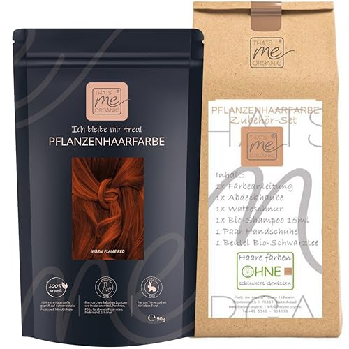 Thats me Organic® Profi Pflanzenhaarfarbe + Zubehörset (warm flame red) – Bio Haarfarbe ohne Chemie – Haarfarbe für gesundes Haarefärben auch während Schwangerschaft und Stillzeit