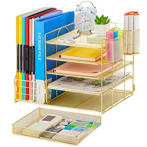 Image of Marbrasse Desk Organizer with File Holder, 5-Tier Paper Letter Tray Organizer with Drawer and 2 Pen Holder, Mesh Desktop Organizer and Storage with Magazine Holder for Office Supplies (Gold 2p)
