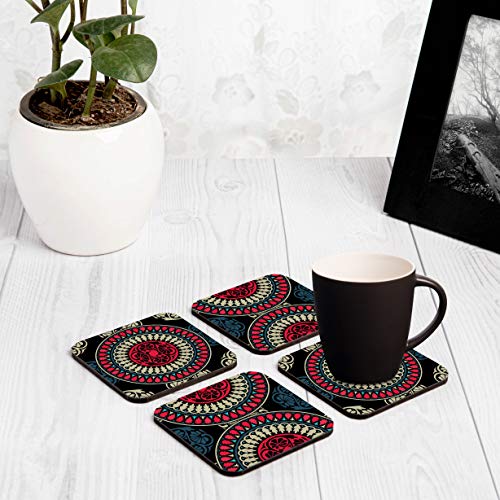 Image of Wooden Coaster Set with Gift Box | Black Mandala Design | Set of 4 Tabletop Square Coasters 3.75 inch x 3.75 inch | Kitchen Table Wooden Decorative Items | for Cups, Mugs, Cans, Glasses