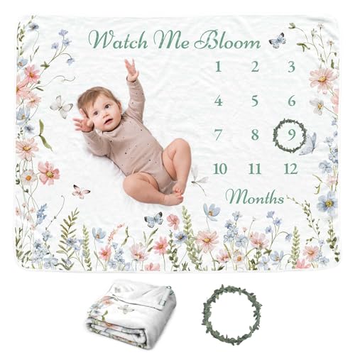 Image of Wildflower Baby Monthly Blanket for Boys, Boho Newborn Age Blanket, Soft Flannel Photography Background Prop, Floral