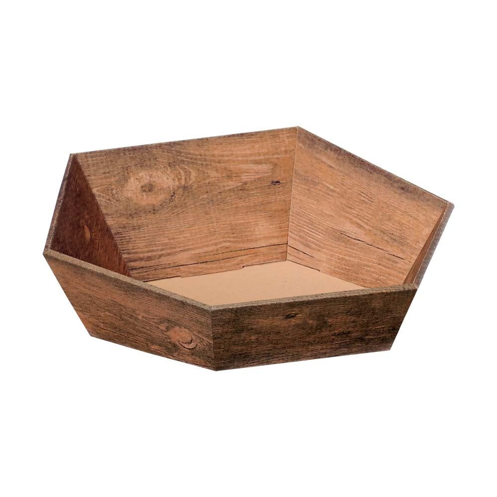 Geschenkkorb, Wellpappkorb Vintage, Holzoptik, 6-eckig, 15,5x16,2x7,4 cm, 25 Stück