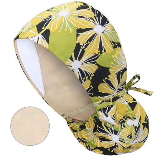 Image of QBA Adjustable Working Cap with Button, Satin-Lined Hat, Cotton Working Hat Sweatband, Elastic Tie Back Hats Unisex