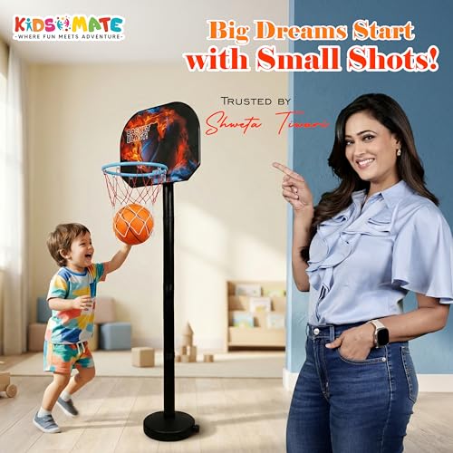 Image of Kidsmate 3-in-1 Basketball Play Set for Kids with Adjustable Basketball Hoop, Tic Tac Toe & Dot Game Board, Basketball Net Stand Indoor Outdoor Toy, Best Gift for Boys & Girls - Multicolor