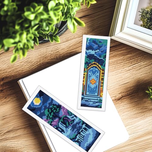 Image of BEUNITONE 6 PCS Cross Stitch Bookmark Kit for Adults Beginners,Fairy Tale Scene Pre-Printed Cross Stitch,DIY Stamped Embroidery Bookmark Kits,with Instructions,Craft Kit for Book Lovers 8.5''x3''