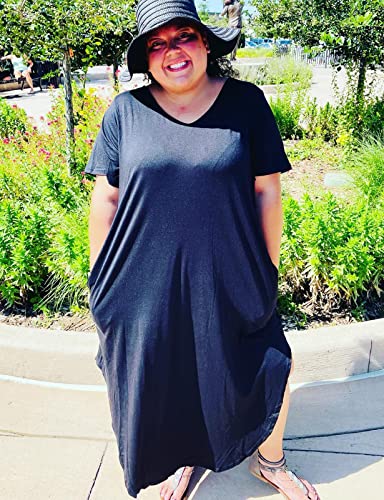 Image of Kancystore Women's Plus Size Dresses Summer Casual Loose Pocket Short Sleeve Slits Long Maxi Dress XL-5X