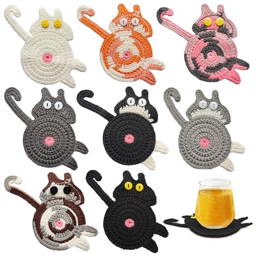 8 sottobicchieri divertenti all'uncinetto, motivo gatto, assorbenti, realizzati a mano, per decorazioni, regali per gli amanti delle donne, antiscivolo, resistenti al calore (8 pezzi)