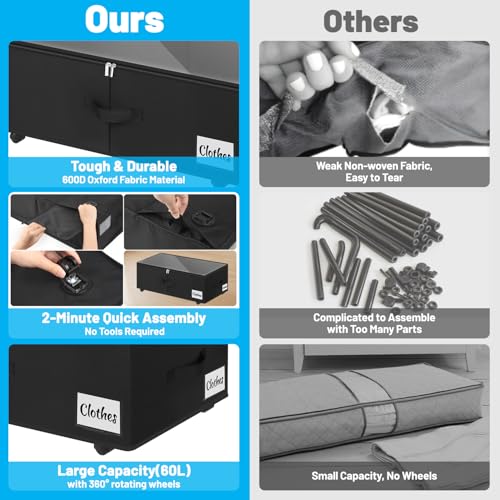 Image of Under Bed Storage with Wheels, 2-Pack 10 inch Height XXL 75L Rolling Storage Bins, Quick Assembly Underbed Shoe Storage Containers with Clear Lid & Label, Dorm Under Bed Drawers for Clothes, Shoes, Black