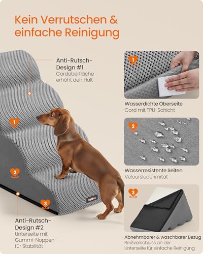Feandrea Hundetreppe, 4 Stufen, Waffelcord, Haustiertreppe, für Bett, Sofa, wasserdicht, rutschfest, geringe Neigung, Abnehmbarer waschbarer Bezug, Griff, Taubengrau PPS014GD01