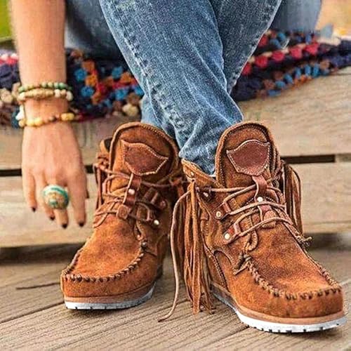 Womens Moccasin Boots,Fringe Ankle Booties Lace Up Retro Suede Boots,Pointed Toe Faux Stacked Chunky Heels Tassels Side Zipper Booties,Hippie Moccasin Short Slip On Side Zipper Casual Shoes2