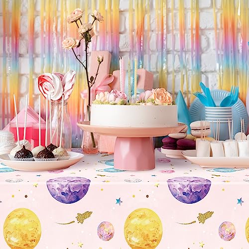 Image of Pink Watercolor Table Cover - 3 Pack 54 X 108 Inch Pink Watercolor Outer Space Disposable Plastic Rectangle Print Table Cloth Baby Shower Kids Birthday Party Tablecloths Decoration Supplies