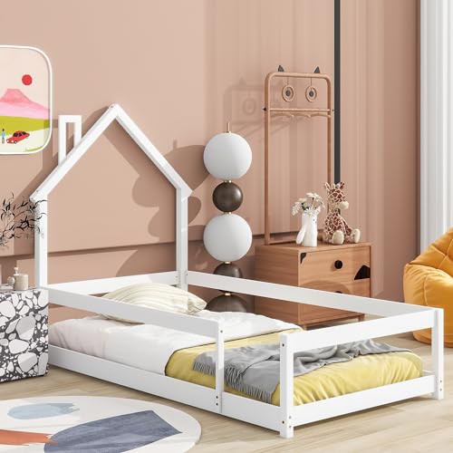 FerniTry Twin Size Wood Bed House-Shaped Headboard Floor with Fences,Wooden Montessori Bedframe for Kids,House Bed Twin Frame for Girls,Boys (White)