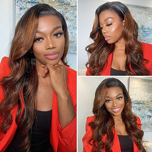 Image of Beauty Forever Balayage FB30 Body Wave Highlight 13x4 Lace Front Human Hair Wigs for Women 10A Brazilian Hair Ombre Brown Blonde Lace Frontal Wigs Pre Plucked with Baby hair 150% Density 20 Inch