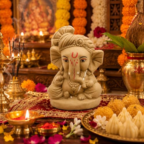 Image of Clay Ganesh Idol, 4 Inches Height, Water Soluble Ganpati Murti for Ganpati Visarjan (Small) (Natural Brown - Bal Ganesha)