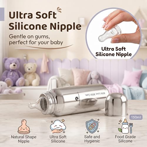 Image of StarAndDaisy Baby Milk Bottle for new Born /Infant /Toddler Pack of 3-200 ML SUS 304 Steel Baby Feeding Bottle for 0+ Months, BPA Free Leakproof Bottle, Anti Colic, Easy to Clean & Extra Nipple