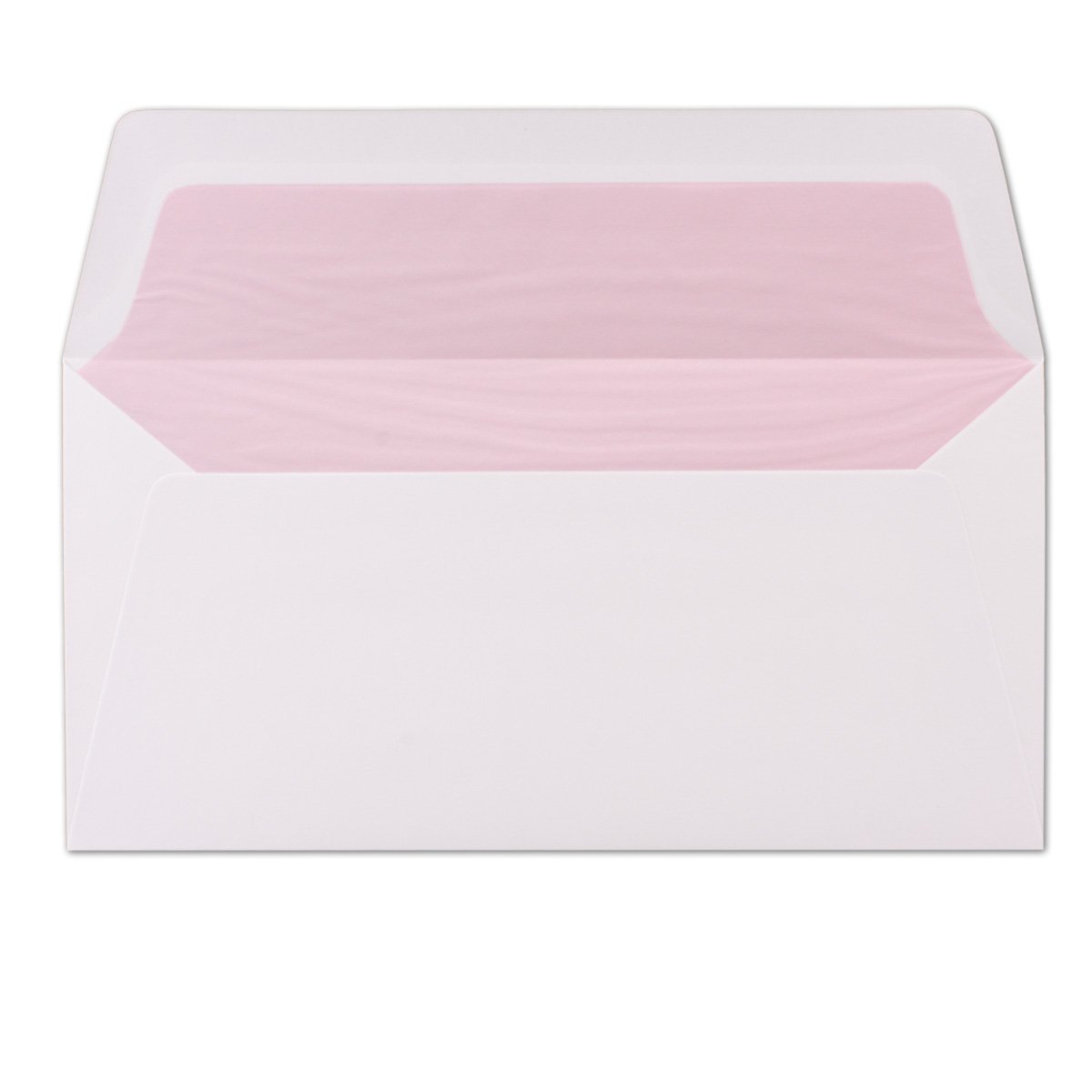 200 sobres blancos – DIN largo – forrado con papel de seda rosa – 100 g/m² – 22 x 11 cm – Pegamento húmedo – Marca de calidad: NEUSER PAPEL