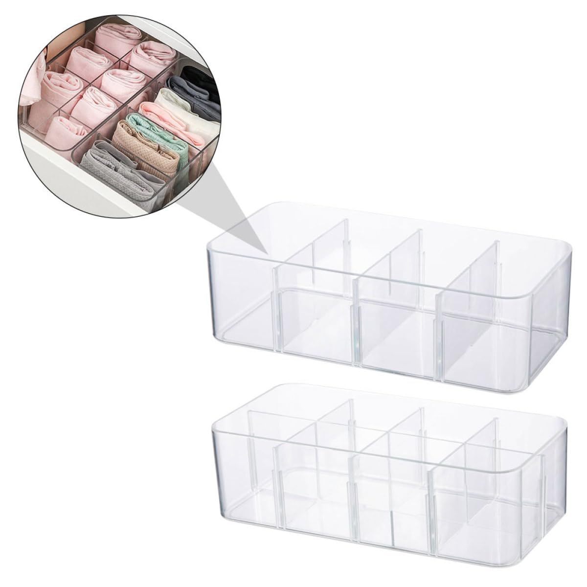 DECHOUS Boîte de Rangement Transparente Couvercle pour-Vêtements et Chaussettes 2 Pièces Organisateur à Plusieurs Compartiments pour Armoire et Dressing 8.2X13X8.2Cm