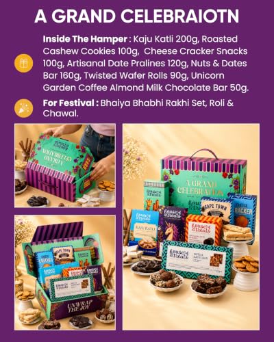 Image of HyperFoods Rakhi Gift Hamper for Bhaiya Bhabhi A Grand Celebration Box Rakhi with Kaju Katli, Chocolate, Wafer Rolls, Nuts & Date Bar,Cookies, cheese cracker snacks Dragees Sweets Gift Pack Chocolate Gift Pack Bhaiya Bhabhi Rakhi Gift Pack
