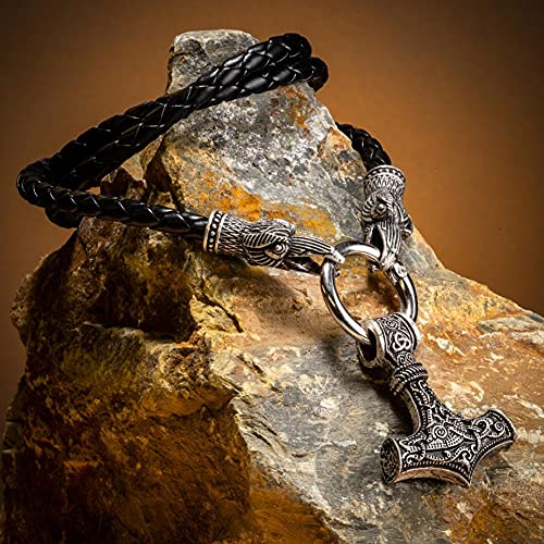 YCYR Nordische Mythologie Viking Thors Hammer Odin Mjolnir Rune Talisman Anhänger, Männer Vintage Geflochtene Leder Raben Halskette Schmuck,50CM/20IN Cover
