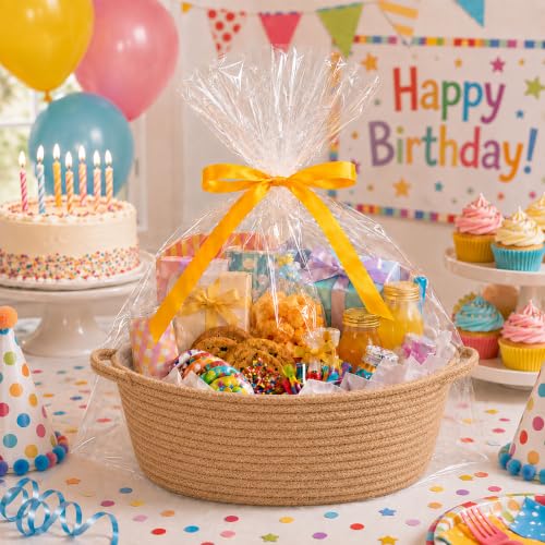Image of Empty Gift Basket with Gift Bag & Ribbon, Woven Rope Basket, 12x8x5 inch