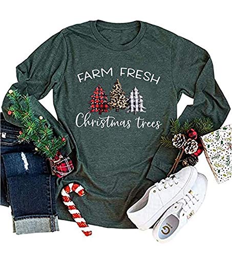 Farm Fresh Christmas Plaid Trees T-Shirt for Women Funny Letter Print Letter Print Long Sleeve Holiday Shirt (Green, Small)