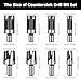 14 Pcs Countersink Drill Bit Set, 5 Wood Drill Bits and 8 Plug Cutters with L-Wrench, Titanium-coated Self Centering Drill Bit with 1/4" Hex Shank, Quick-Change Wood Plug Cutter Set for Woodworking