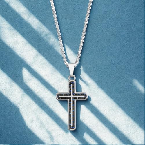 Nautica Black Cross Necklace for Men, Blue Carbon Fiber, 24 Inches Long - image 3