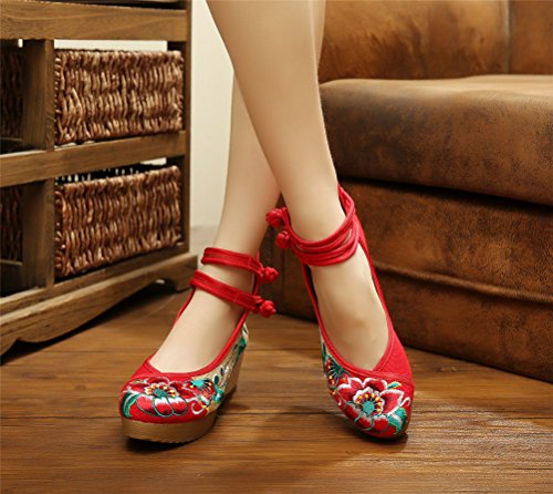 Qianmome Women's Chinese Floral Hibiscus Embroidery Strappy Round-Toe Platform Wedges Canvas Mary Jane Shoes4