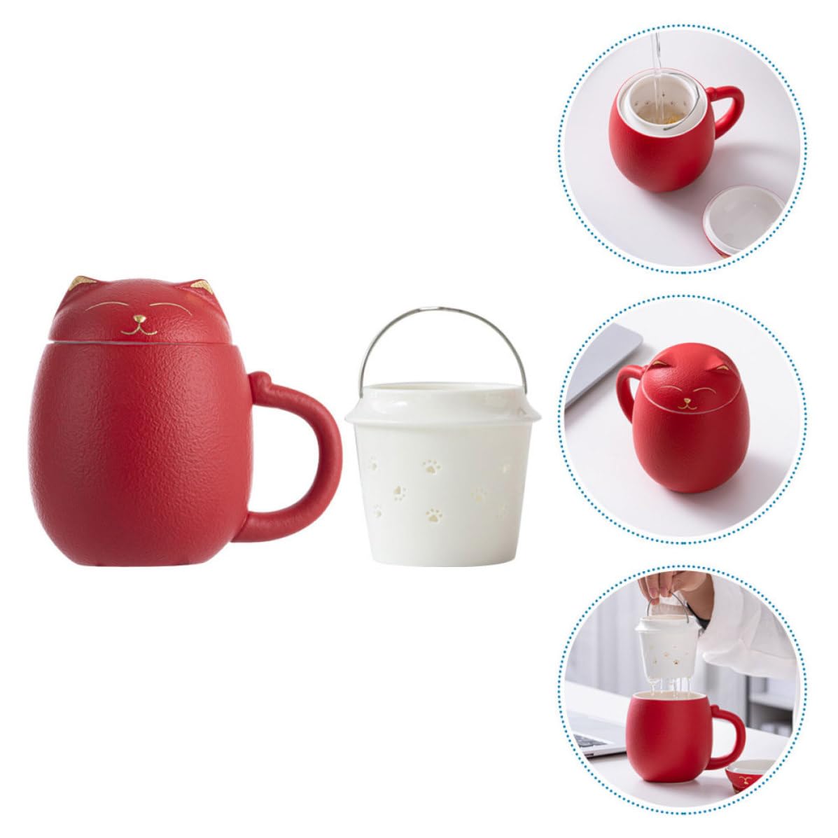 SOLUSTRE Keramik Kaffeebecher 400ml mit Deckel und Filter Katzenmotiv Tasse für Büro und Zuhause Rot Satz