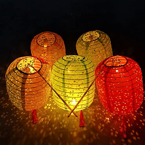 12 PACK Chinese Paper Lanterns Multicolor Hanging Hollow Out Lanterns 6 x 8 Inch Asia Japanese Lantern Lamps with LED Lights Sticks Tassels for Home Outdoor Decorations (Oval Shaped with LED-Colorful)