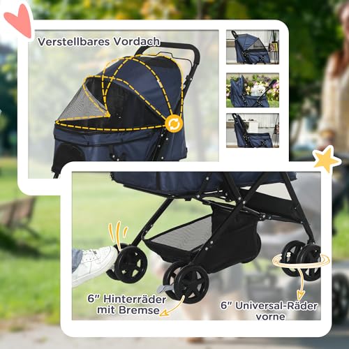 PawHut Hundebuggy Hundewagen Buggy für kleine Hunde und Katzen Haustierwagen Pet Stroller Katzenbuggy Oxford Blau 76,5 x 52 x 95 cm