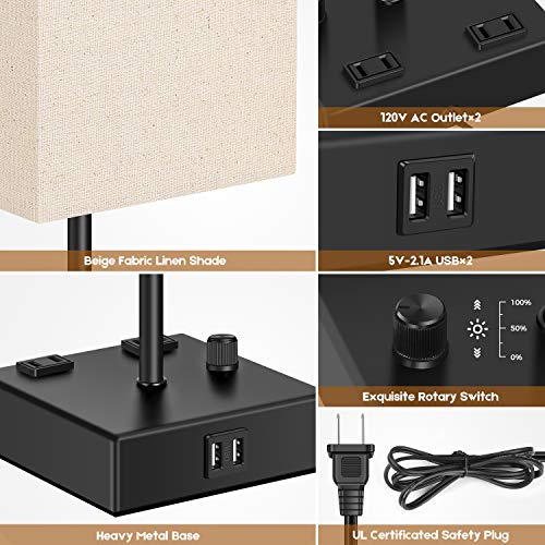 Upgraded Fully Dimmable Usb Bedside Table Lamp Set Of 2, Nightstand Table Lamps With 2 Usb Charging Ports 2 Ac Outlets, Square Fabric Shade Modern Desk Lamp Set For Bedroom Living Room, Bulbs Included #TOP4