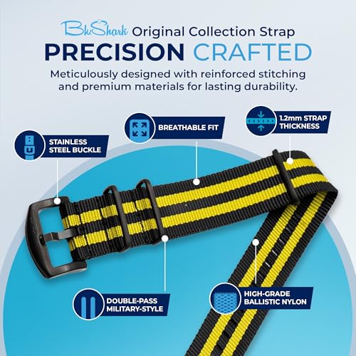 Image of BluShark - Original Collection Military-Style Waterproof Watch Strap, Fits All Timepiece Brands, Durable Nylon Wristwatch Accessories with Stainless Steel Buckle - 18mm, 20mm, 22mm & 24mm Watch Bands