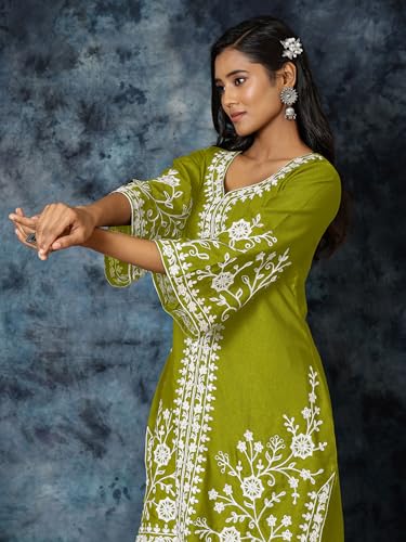 Image of EthnicJunction Women's Cotton Blend Chikankari Embroidered A-Line Kurta Palazzo Set Ethnic Wear Office Wear Daily Wear Festive Kurta Set for Women