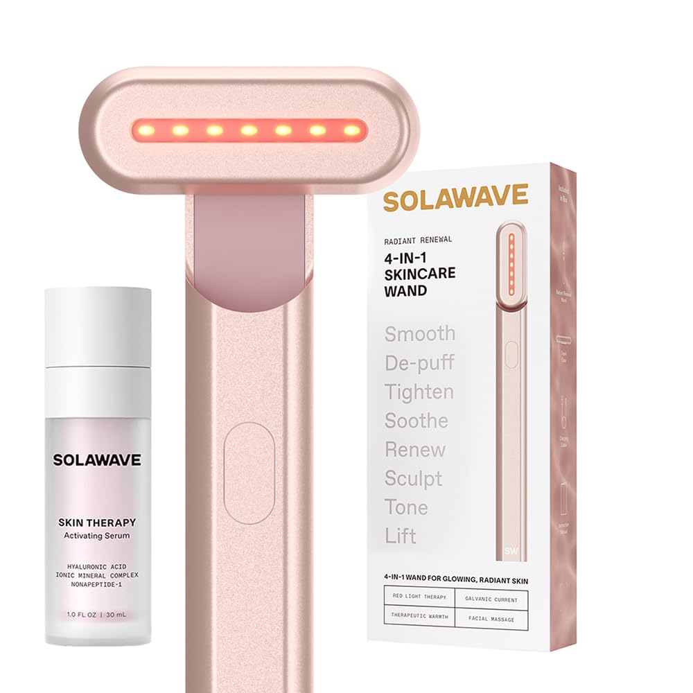 4-in-1 Red Light Therapy Wand + Activating Serum | LED Skincare Device for Face & Neck | Facial Tool with Galvanic Current, Massage & Therapeutic Warmth | Reduces Appearance of Fine Lines