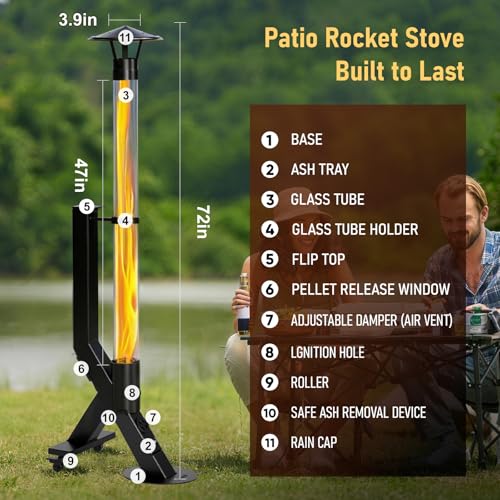 Image of Rayzi Rocket Stove 72 Inch, Smokeless Wood Pellet Patio Heater with Wheels, Wood Pellet Fire Pits for Outside with Rain Cap, Pellet Heater for Patio /Garden /Backyard /Bonfire Party /Beach
